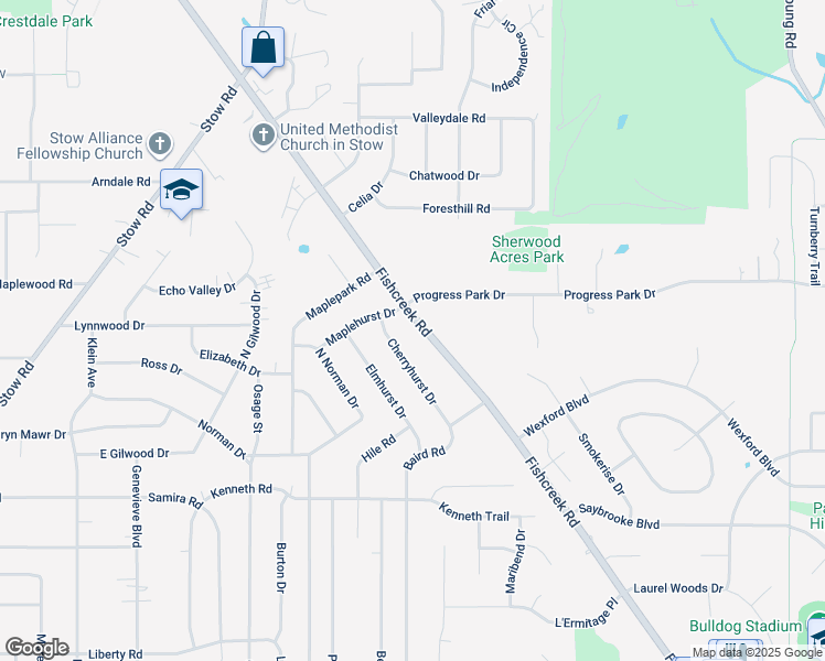 map of restaurants, bars, coffee shops, grocery stores, and more near 4610 Fishcreek Road in Stow