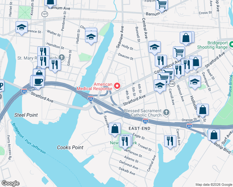 map of restaurants, bars, coffee shops, grocery stores, and more near 266 Connecticut Avenue in Bridgeport