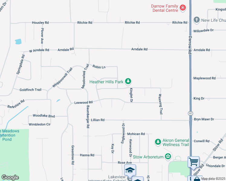 map of restaurants, bars, coffee shops, grocery stores, and more near 1582 Bobwhite Trail in Stow