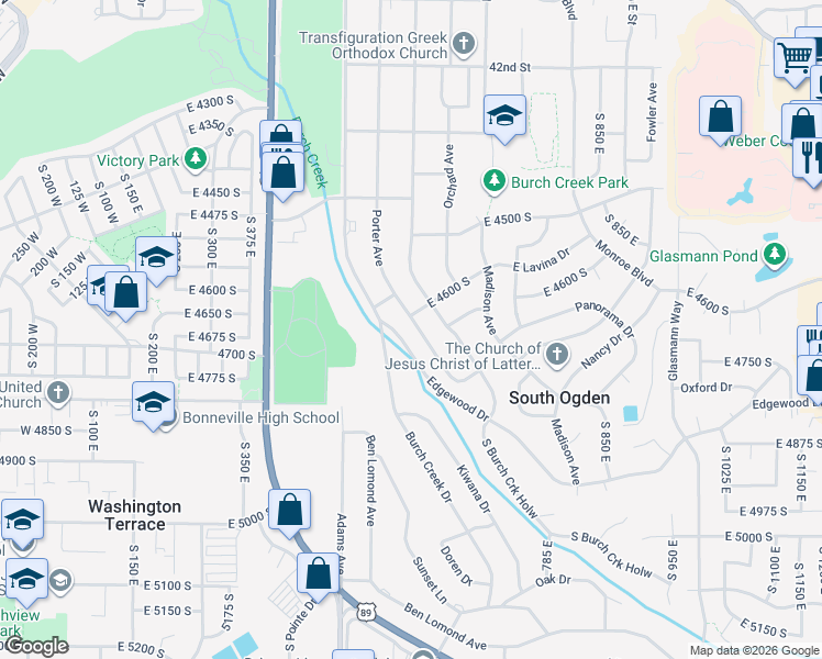 map of restaurants, bars, coffee shops, grocery stores, and more near 4631 Porter Avenue in South Ogden