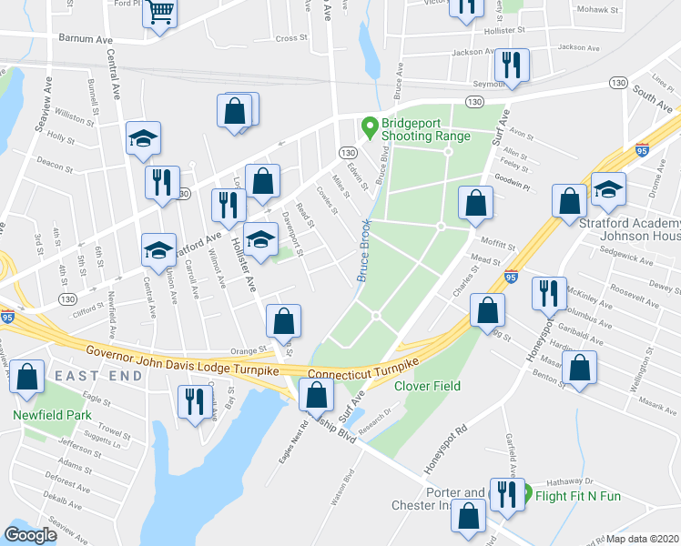 map of restaurants, bars, coffee shops, grocery stores, and more near 31 Read Street in Bridgeport