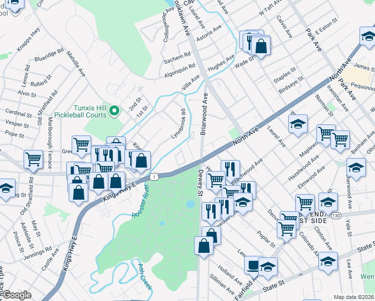 map of restaurants, bars, coffee shops, grocery stores, and more near 80 Cartright Street in Bridgeport