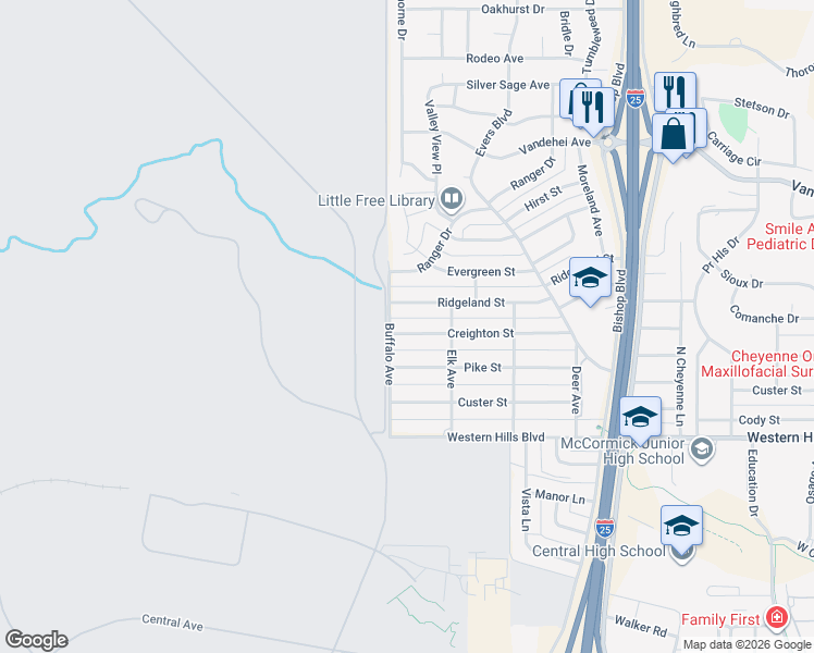map of restaurants, bars, coffee shops, grocery stores, and more near 929-939 Creighton St in Cheyenne