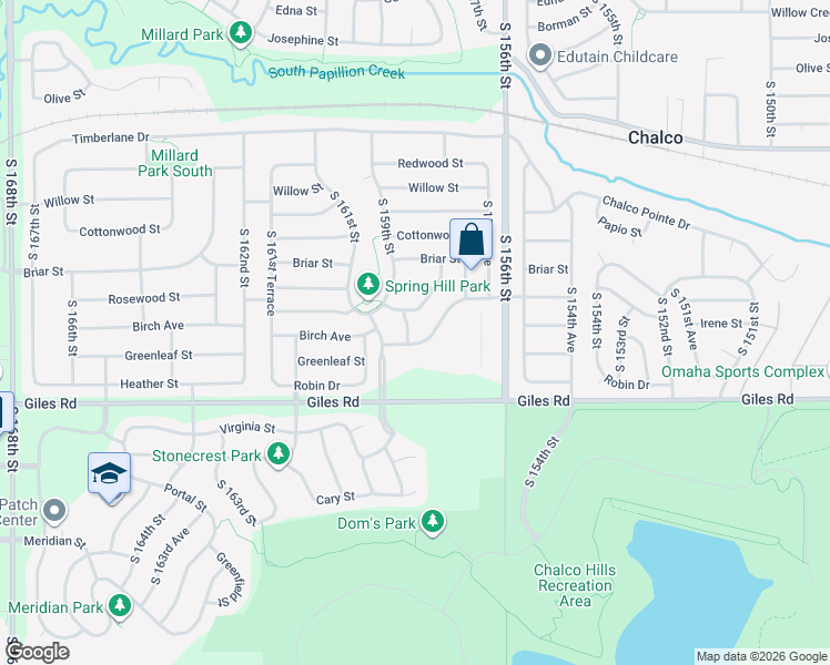 map of restaurants, bars, coffee shops, grocery stores, and more near 8105 South 158th Street in Omaha