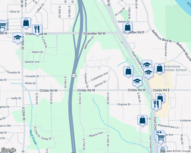 map of restaurants, bars, coffee shops, grocery stores, and more near 2908 Columbus Avenue in Bellevue