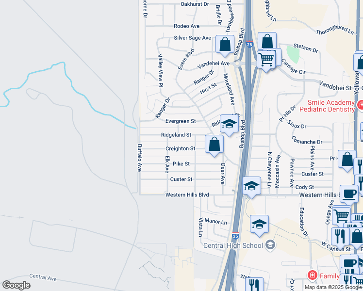 map of restaurants, bars, coffee shops, grocery stores, and more near 828 Creighton Street in Cheyenne