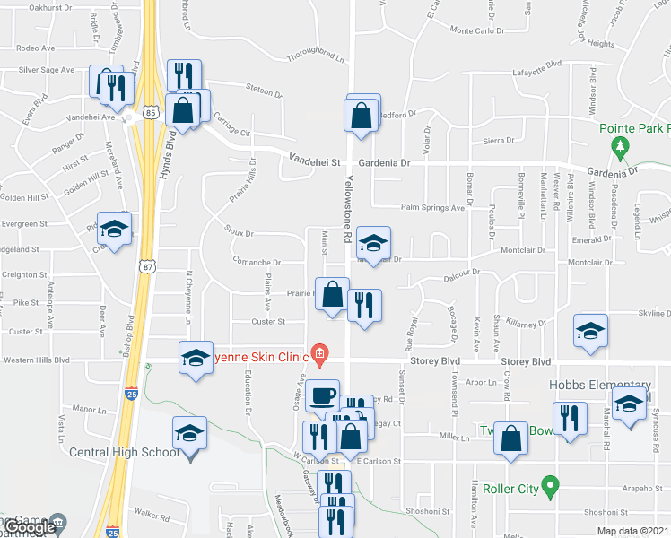 map of restaurants, bars, coffee shops, grocery stores, and more near 119 North Gate Avenue in Cheyenne