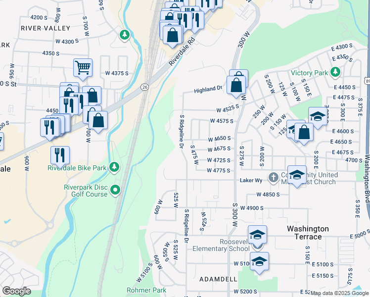 map of restaurants, bars, coffee shops, grocery stores, and more near 4685 South 475 West in Washington Terrace