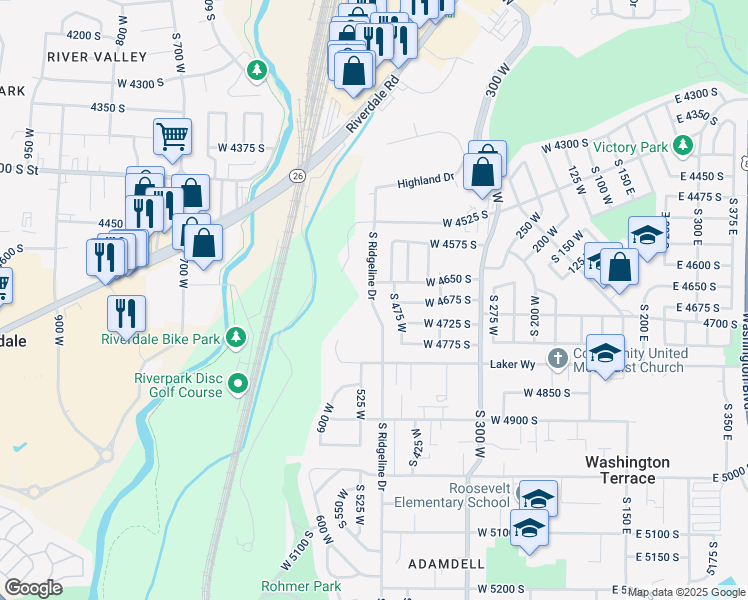 map of restaurants, bars, coffee shops, grocery stores, and more near 4685 South 475 West in Washington Terrace