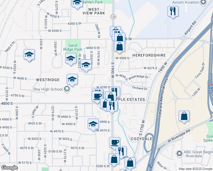 map of restaurants, bars, coffee shops, grocery stores, and more near 1976 West 4700 South in Roy