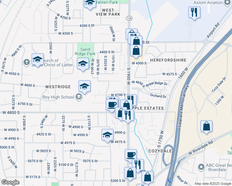map of restaurants, bars, coffee shops, grocery stores, and more near 1976 West 4700 South in Roy