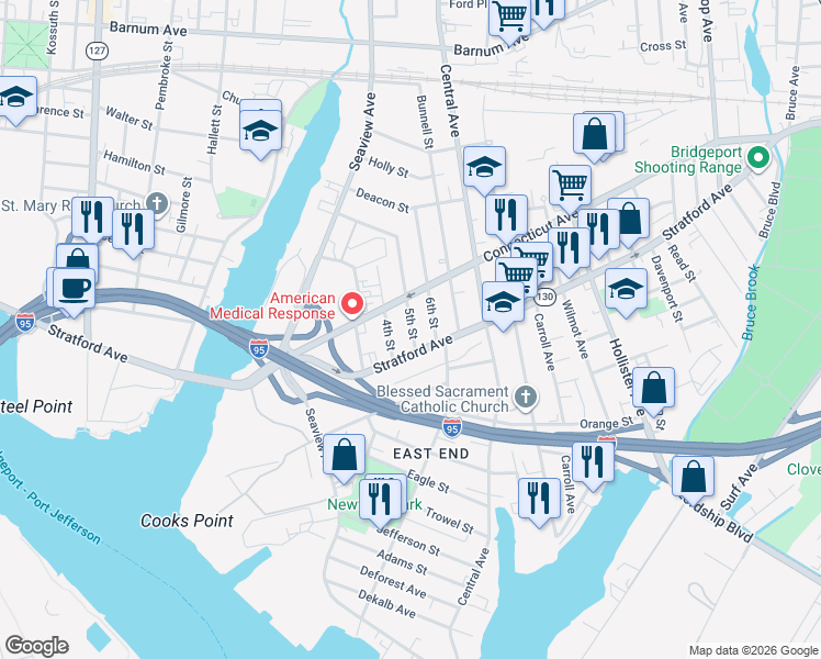 map of restaurants, bars, coffee shops, grocery stores, and more near 33 5th Street in Bridgeport