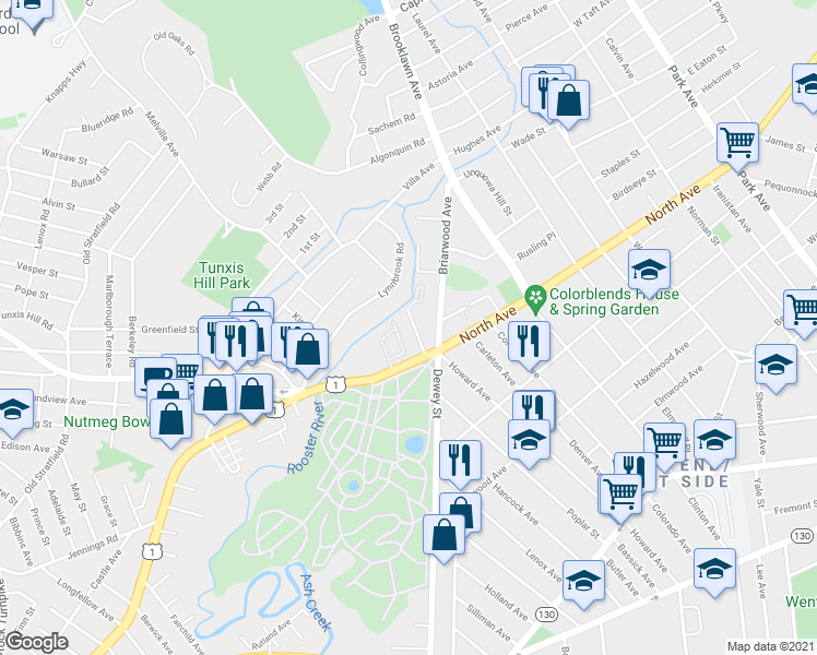 map of restaurants, bars, coffee shops, grocery stores, and more near 25 Cartright Street in Bridgeport