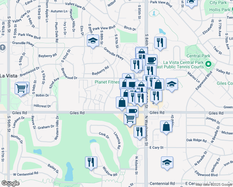 map of restaurants, bars, coffee shops, grocery stores, and more near 8125 South 87th Street in La Vista