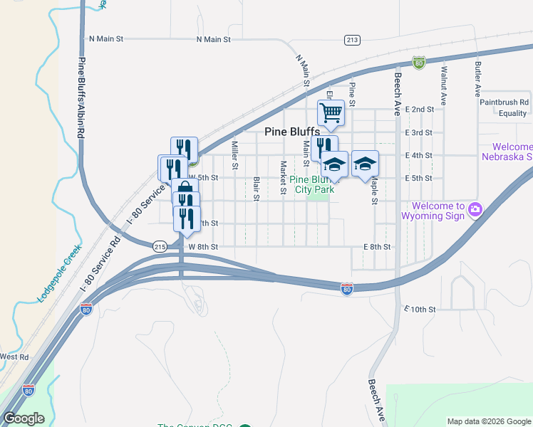 map of restaurants, bars, coffee shops, grocery stores, and more near 610 Market Street in Pine Bluffs