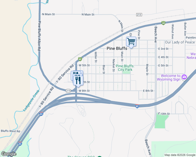 map of restaurants, bars, coffee shops, grocery stores, and more near 616 Blair Ave in Pine Bluffs
