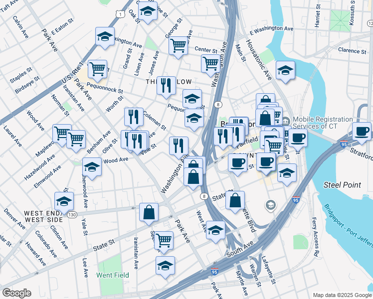 map of restaurants, bars, coffee shops, grocery stores, and more near 223 Washington Avenue in Bridgeport