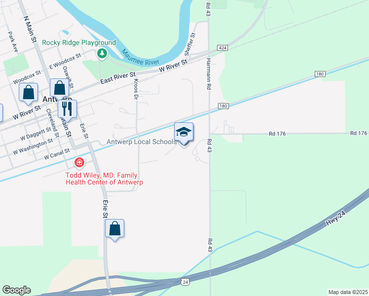 map of restaurants, bars, coffee shops, grocery stores, and more near 303 Harrmann Road in Antwerp