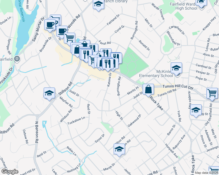 map of restaurants, bars, coffee shops, grocery stores, and more near 125 Katona Drive in Fairfield