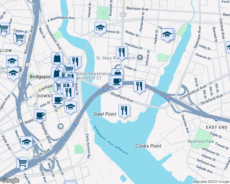 map of restaurants, bars, coffee shops, grocery stores, and more near 255 East Main Street in Bridgeport