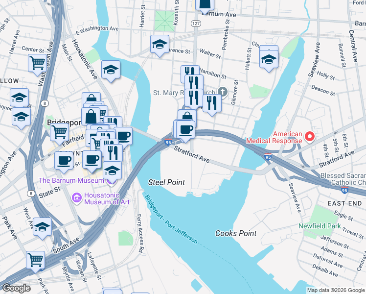 map of restaurants, bars, coffee shops, grocery stores, and more near 255 East Main Street in Bridgeport