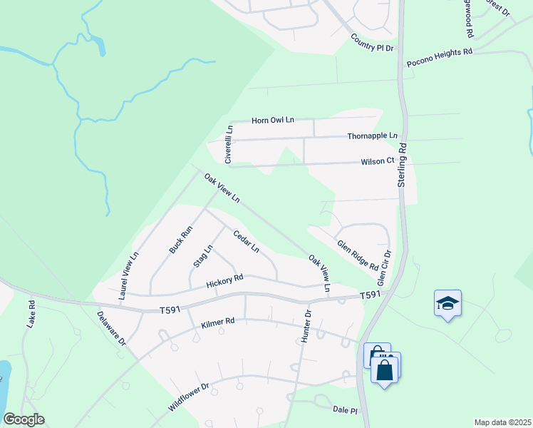 map of restaurants, bars, coffee shops, grocery stores, and more near 2821 Oak View Lane in Tobyhanna