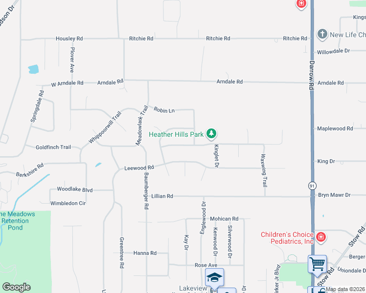 map of restaurants, bars, coffee shops, grocery stores, and more near 1582 Bobwhite Trail in Stow