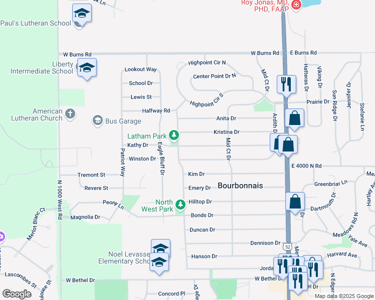 map of restaurants, bars, coffee shops, grocery stores, and more near 432 Karen Drive in Bourbonnais