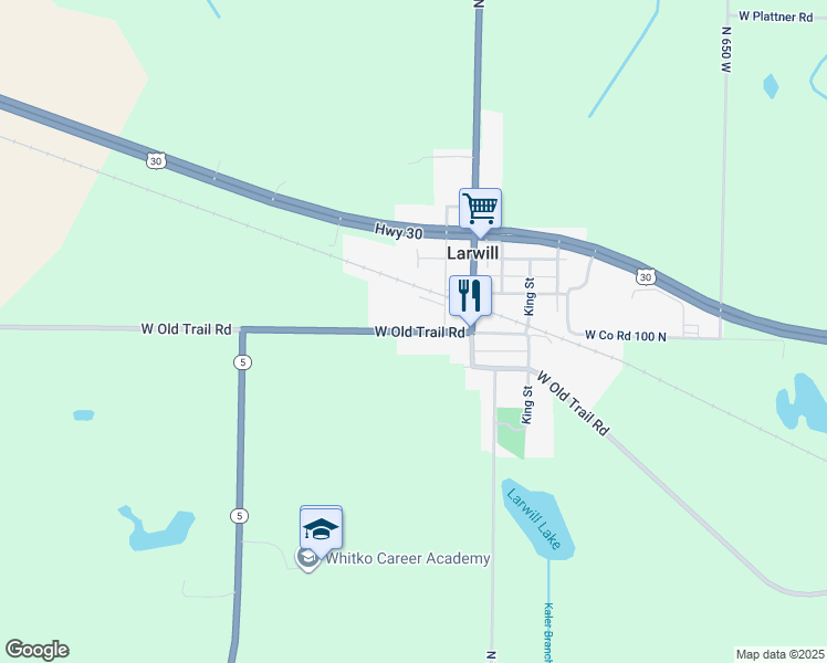 map of restaurants, bars, coffee shops, grocery stores, and more near 214 W Main St in Larwill