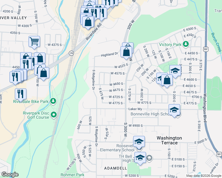 map of restaurants, bars, coffee shops, grocery stores, and more near 396 West 4675 South in Washington Terrace