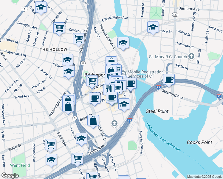 map of restaurants, bars, coffee shops, grocery stores, and more near 991 Main Street in Bridgeport