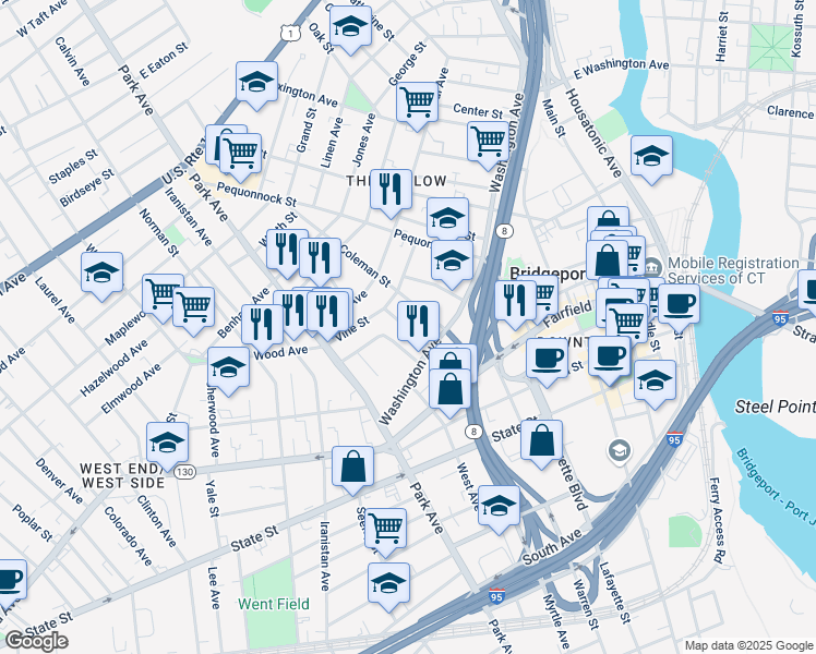 map of restaurants, bars, coffee shops, grocery stores, and more near 129 Washington Terrace in Bridgeport