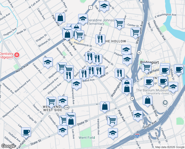 map of restaurants, bars, coffee shops, grocery stores, and more near 1269 Park Avenue in Bridgeport