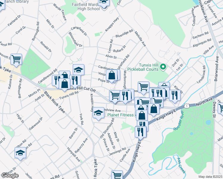 map of restaurants, bars, coffee shops, grocery stores, and more near 620 Tunxis Hill Road in Fairfield