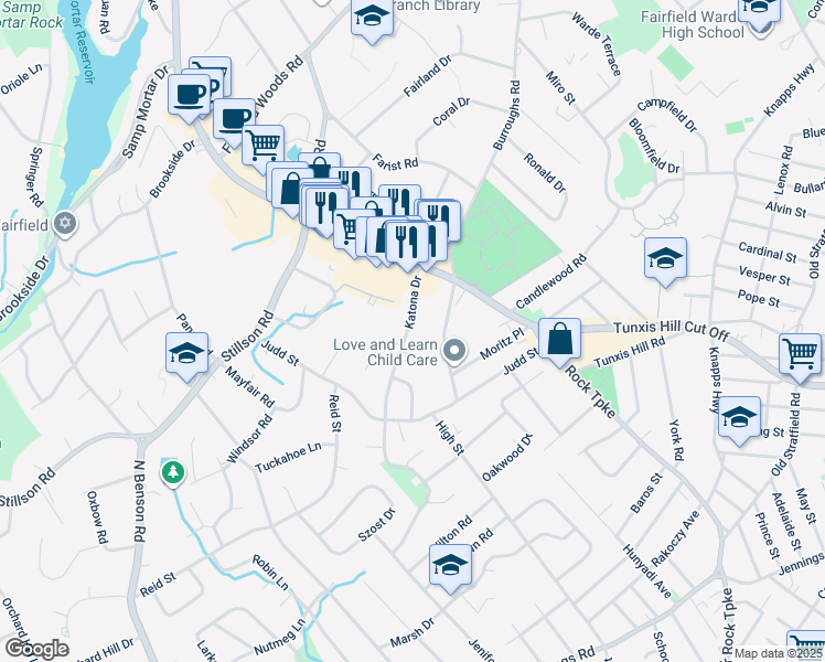 map of restaurants, bars, coffee shops, grocery stores, and more near 125 Katona Drive in Fairfield