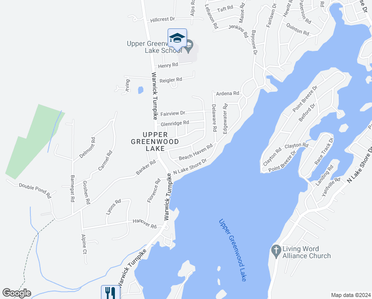 map of restaurants, bars, coffee shops, grocery stores, and more near 43 Cedarbrook Road in West Milford