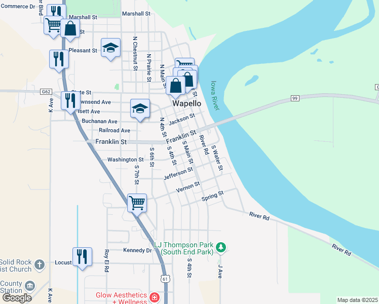 map of restaurants, bars, coffee shops, grocery stores, and more near 200 South Main Street in Wapello