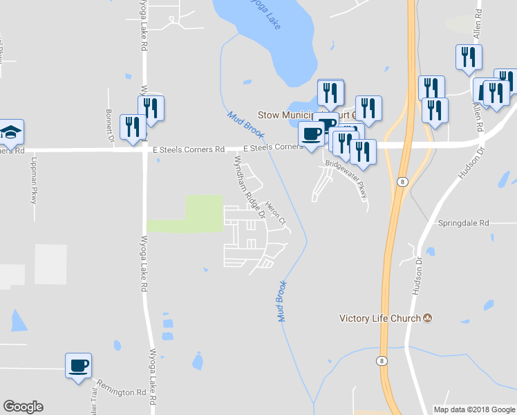 map of restaurants, bars, coffee shops, grocery stores, and more near 3898 Wyndham Ridge Drive in Stow