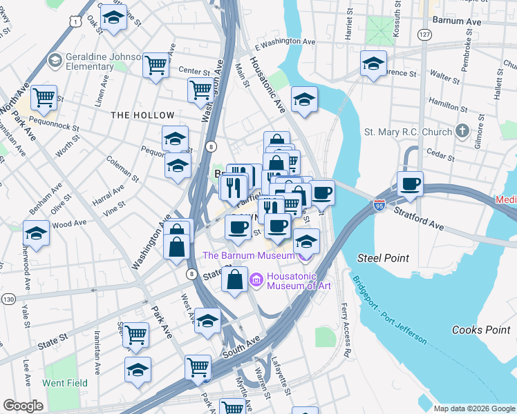map of restaurants, bars, coffee shops, grocery stores, and more near 1119 Broad Street in Bridgeport