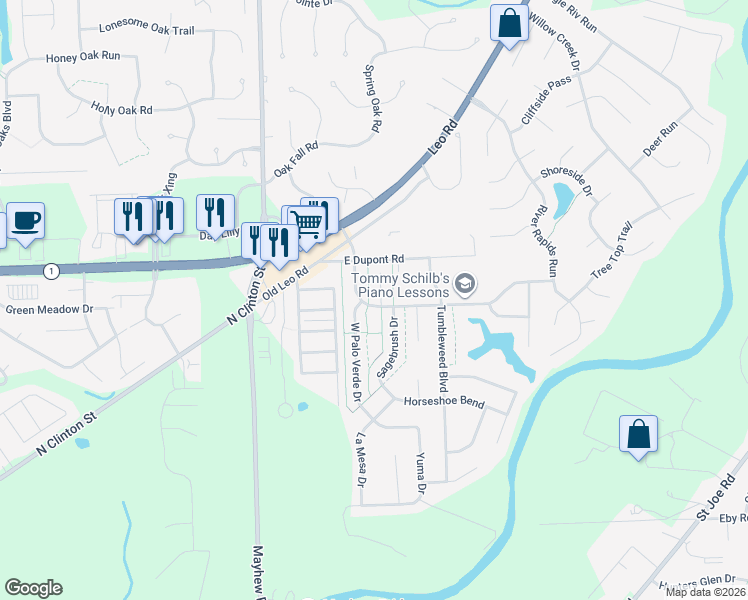 map of restaurants, bars, coffee shops, grocery stores, and more near 5608 Arapaho Trail in Fort Wayne