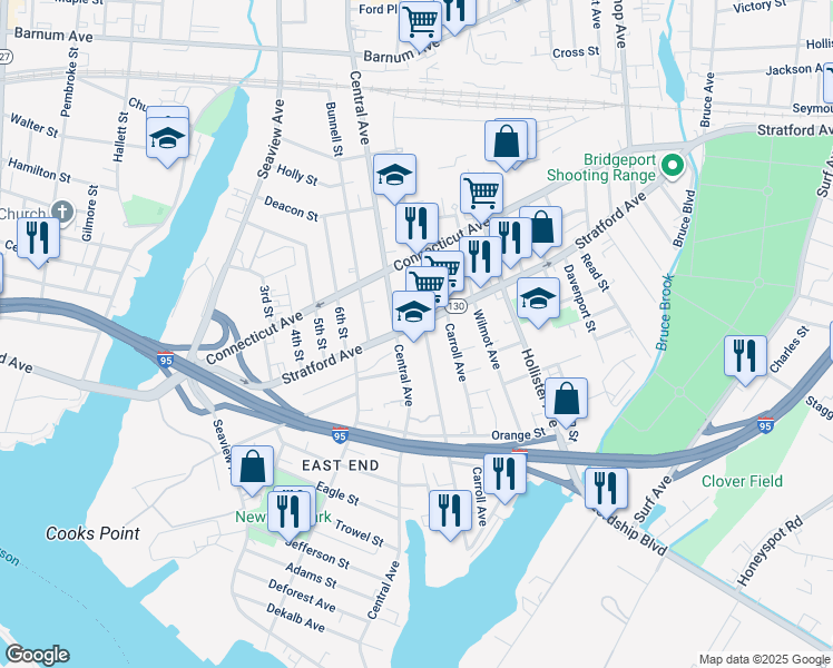 map of restaurants, bars, coffee shops, grocery stores, and more near 790 Central Avenue in Bridgeport