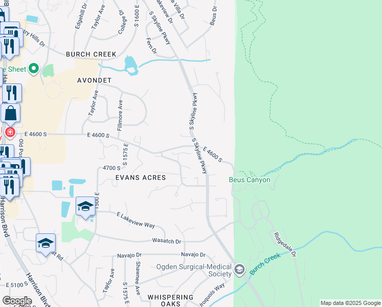 map of restaurants, bars, coffee shops, grocery stores, and more near 1788 East Seven Oaks Lane in Ogden