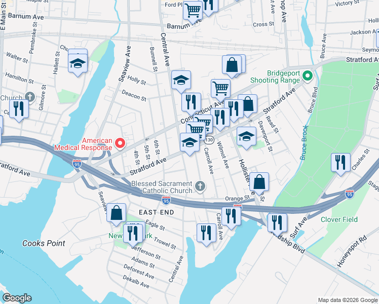 map of restaurants, bars, coffee shops, grocery stores, and more near in Bridgeport