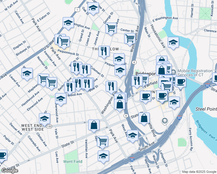 map of restaurants, bars, coffee shops, grocery stores, and more near 129 Washington Terrace in Bridgeport