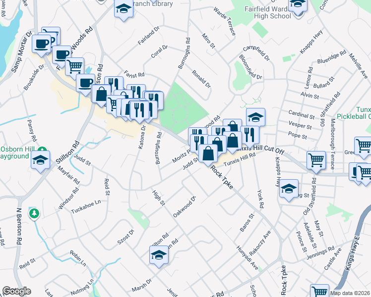map of restaurants, bars, coffee shops, grocery stores, and more near 1595 Black Rock Turnpike in Fairfield