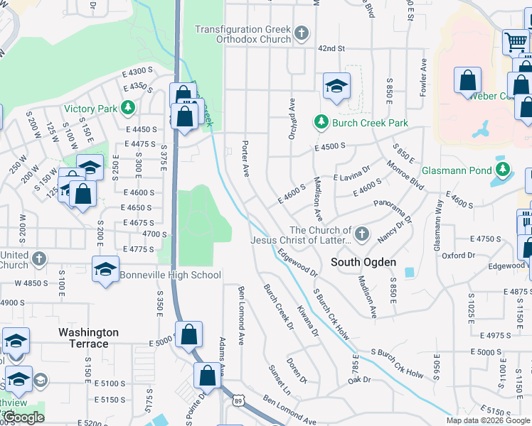 map of restaurants, bars, coffee shops, grocery stores, and more near 4631 Porter Avenue in Ogden