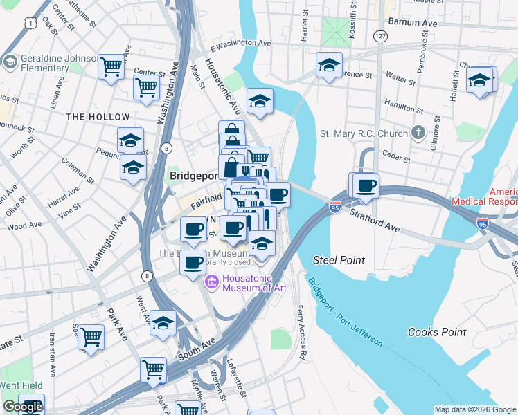 map of restaurants, bars, coffee shops, grocery stores, and more near in Bridgeport