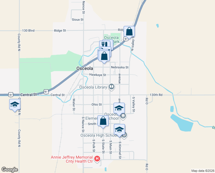 map of restaurants, bars, coffee shops, grocery stores, and more near 130 North State Street in Osceola