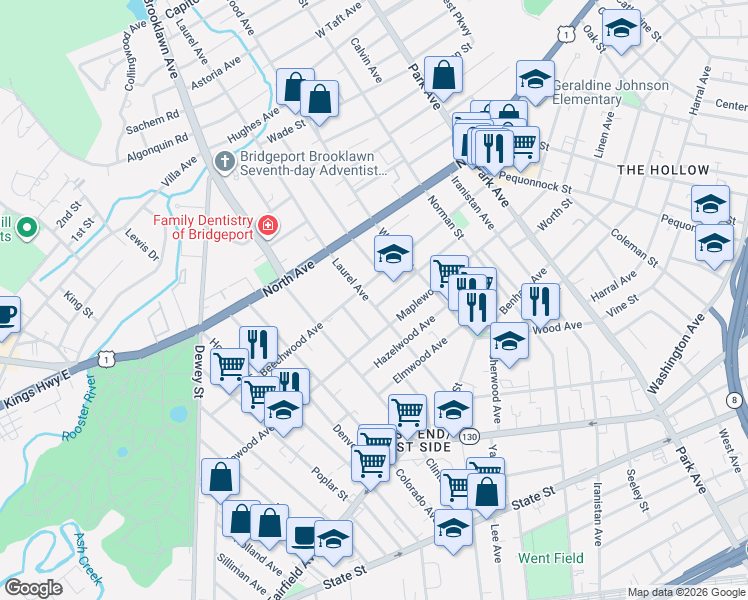 map of restaurants, bars, coffee shops, grocery stores, and more near 706 Laurel Avenue in Bridgeport