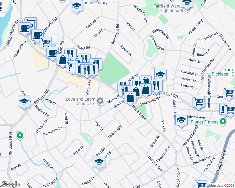 map of restaurants, bars, coffee shops, grocery stores, and more near 1595 Black Rock Turnpike in Fairfield